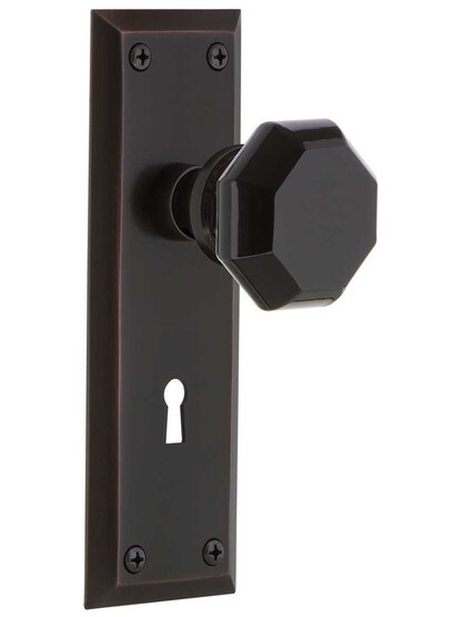 New York Mortise Lock Set with Colored Waldorf Crystal Glass Knobs Black in Timeless Bronze.